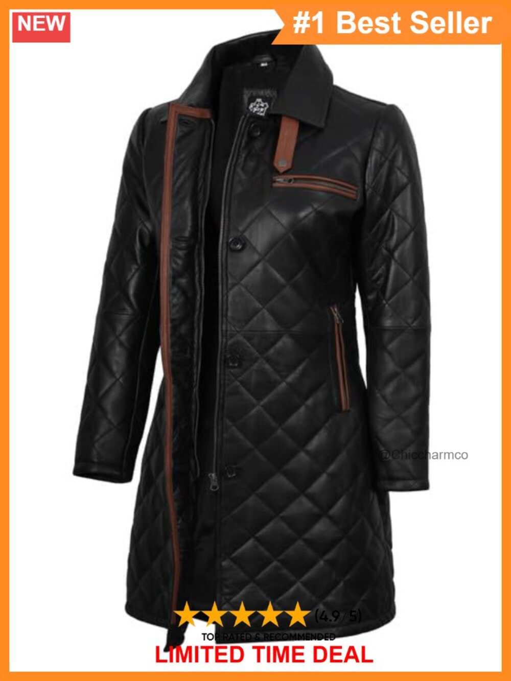 Quilted Real Lambskin Leather Car Coat 3/4 Length Jacket Button Closure